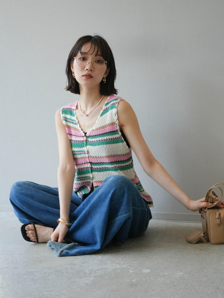 [予約]マルチボーダーニットベスト/グリーン