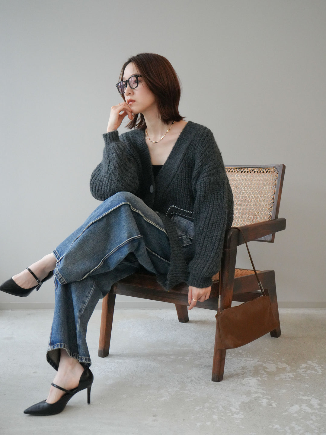 [予約]デニムポケットハンドステッチカーディガン/gray