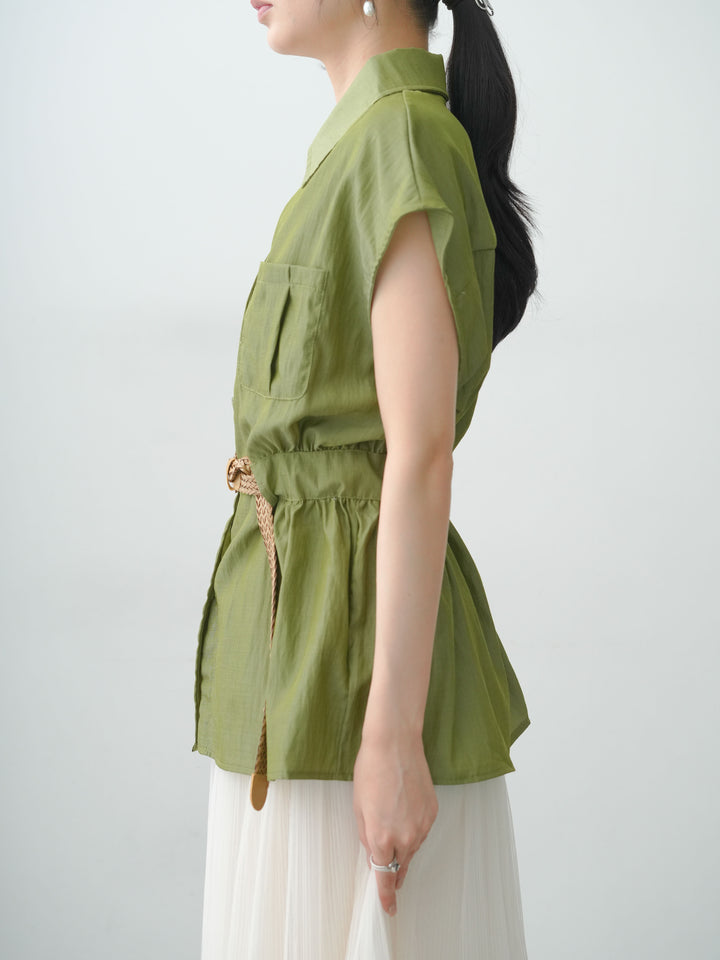 [予約]メッシュベルト付ウエストギャザーノースリーブシャツ/green