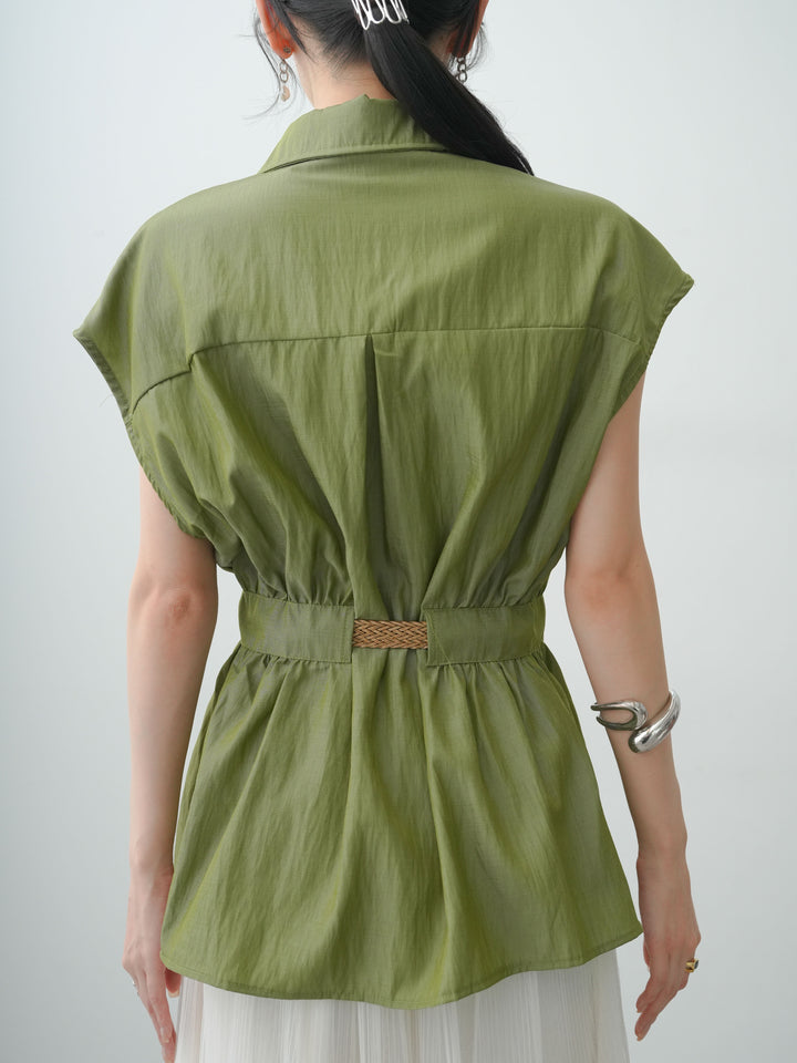 [予約]メッシュベルト付ウエストギャザーノースリーブシャツ/green