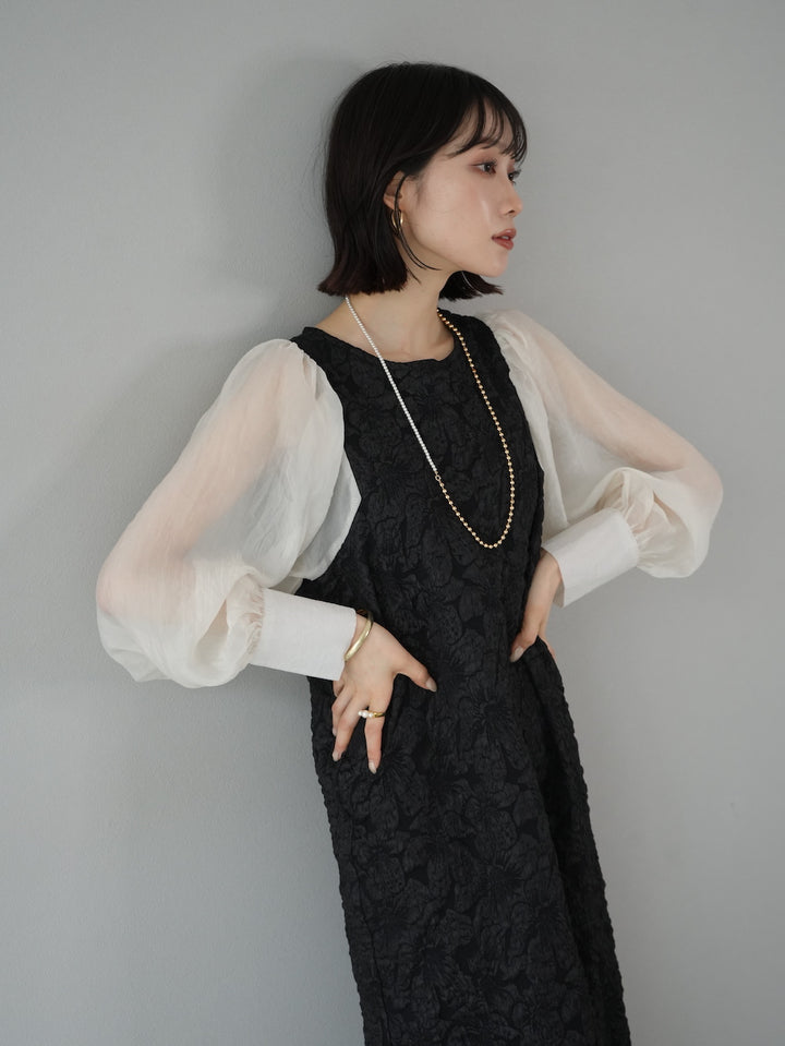 [SET] Puffy jacquard tulle sleeve dress + choice of necklace (2 sets)