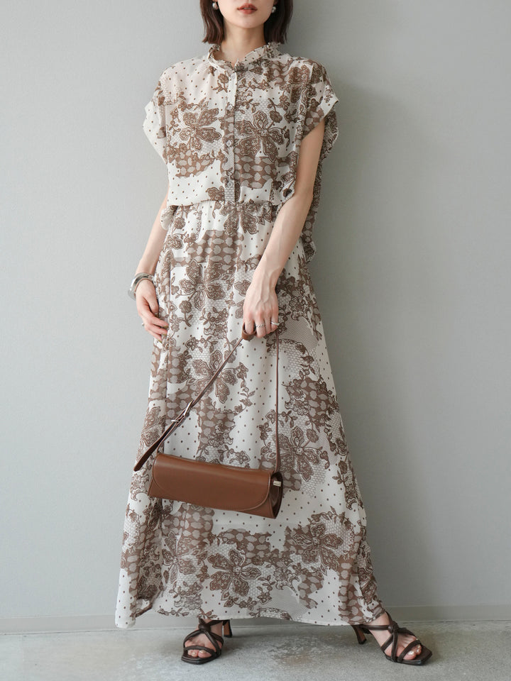 [予約]フラワーパターンフレンチスリーブブラウス/ベージュ