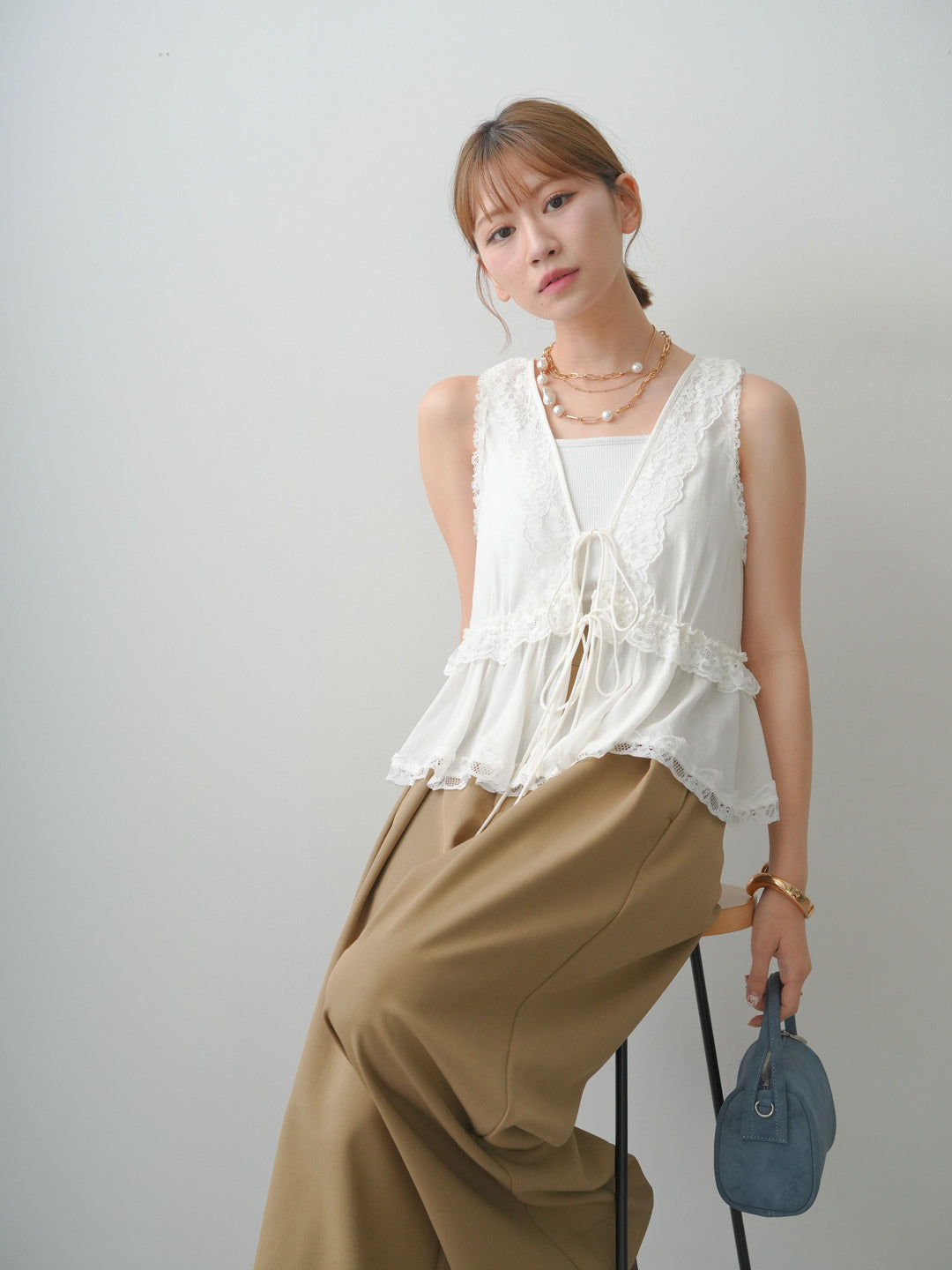 [SET]レーストリムフロントリボンノースリブラウス+クレープデシンタックワイドパンツ(2set)