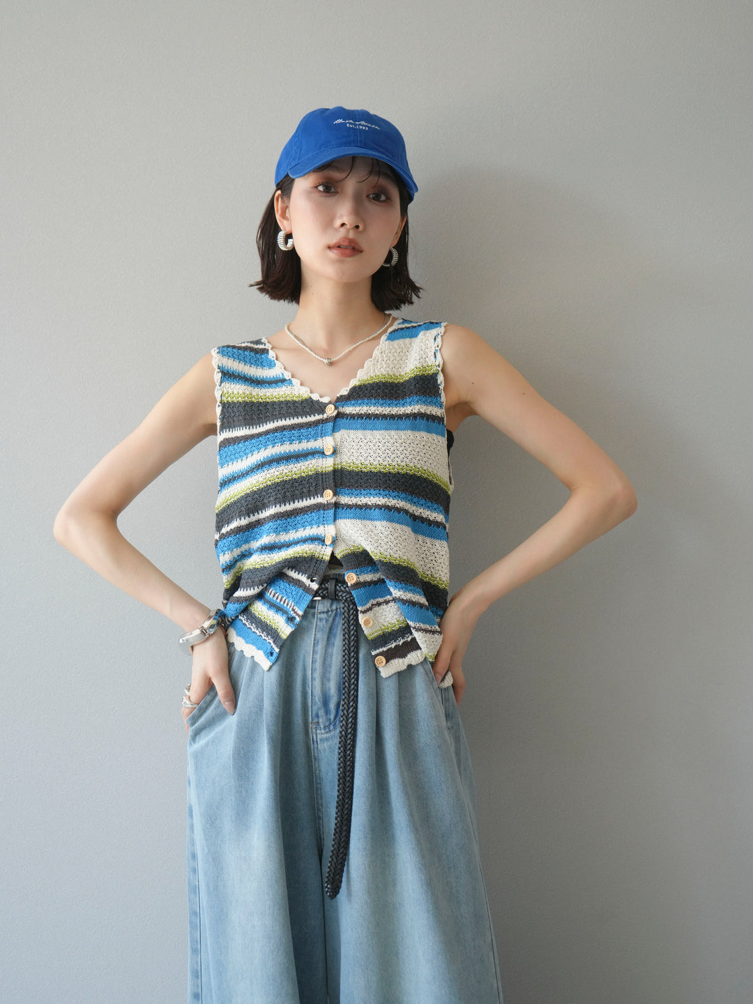 [予約]マルチボーダーニットベスト/ブルー