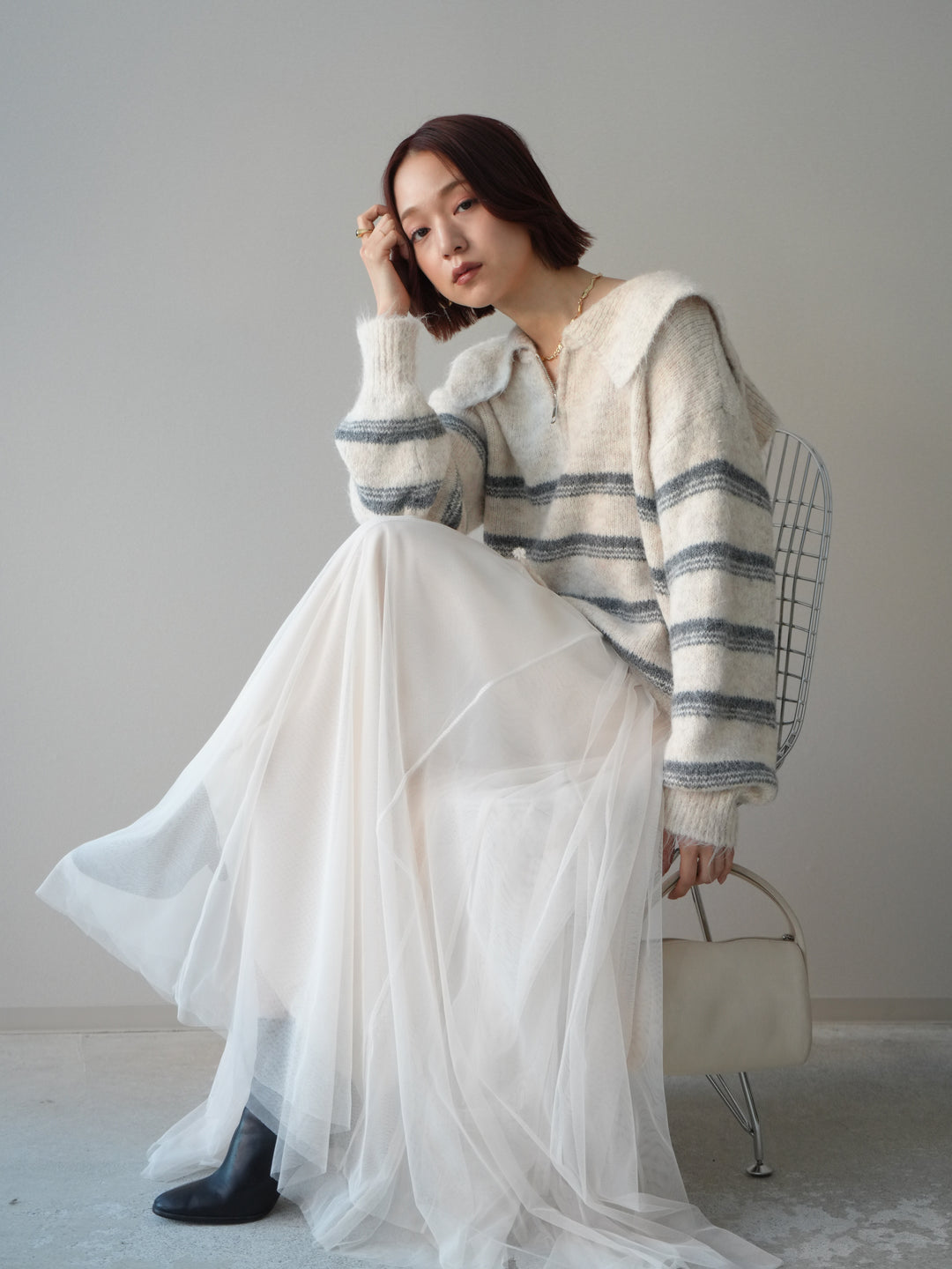 [SET]ハーフジップボーダーニットプルオーバー+チュールボリュームスカート(2set)