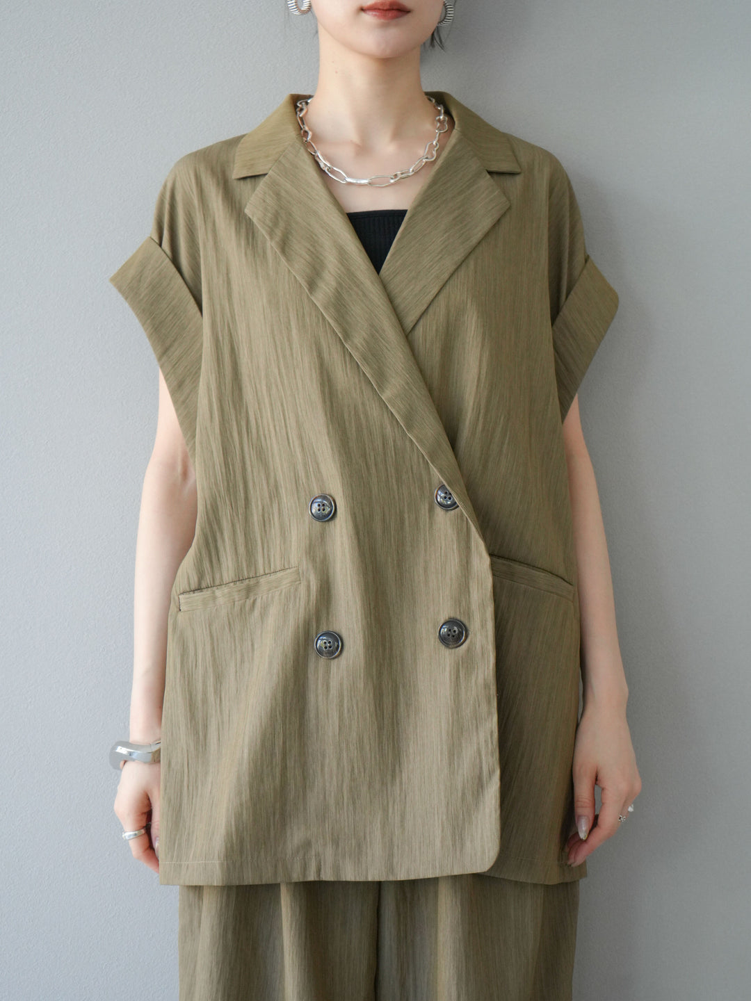 [予約]リネンライクノースリーブダブルジレ/グレージュ