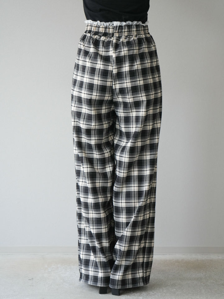 【預購】蕾絲層疊格紋寬褲/黑