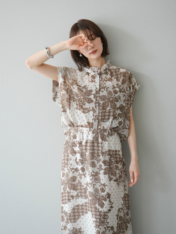 [予約]フラワーパターンフレンチスリーブブラウス/ベージュ