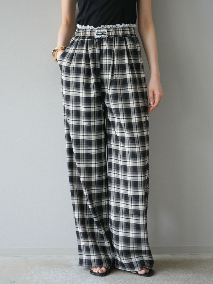 【預購】蕾絲層疊格紋寬褲/黑
