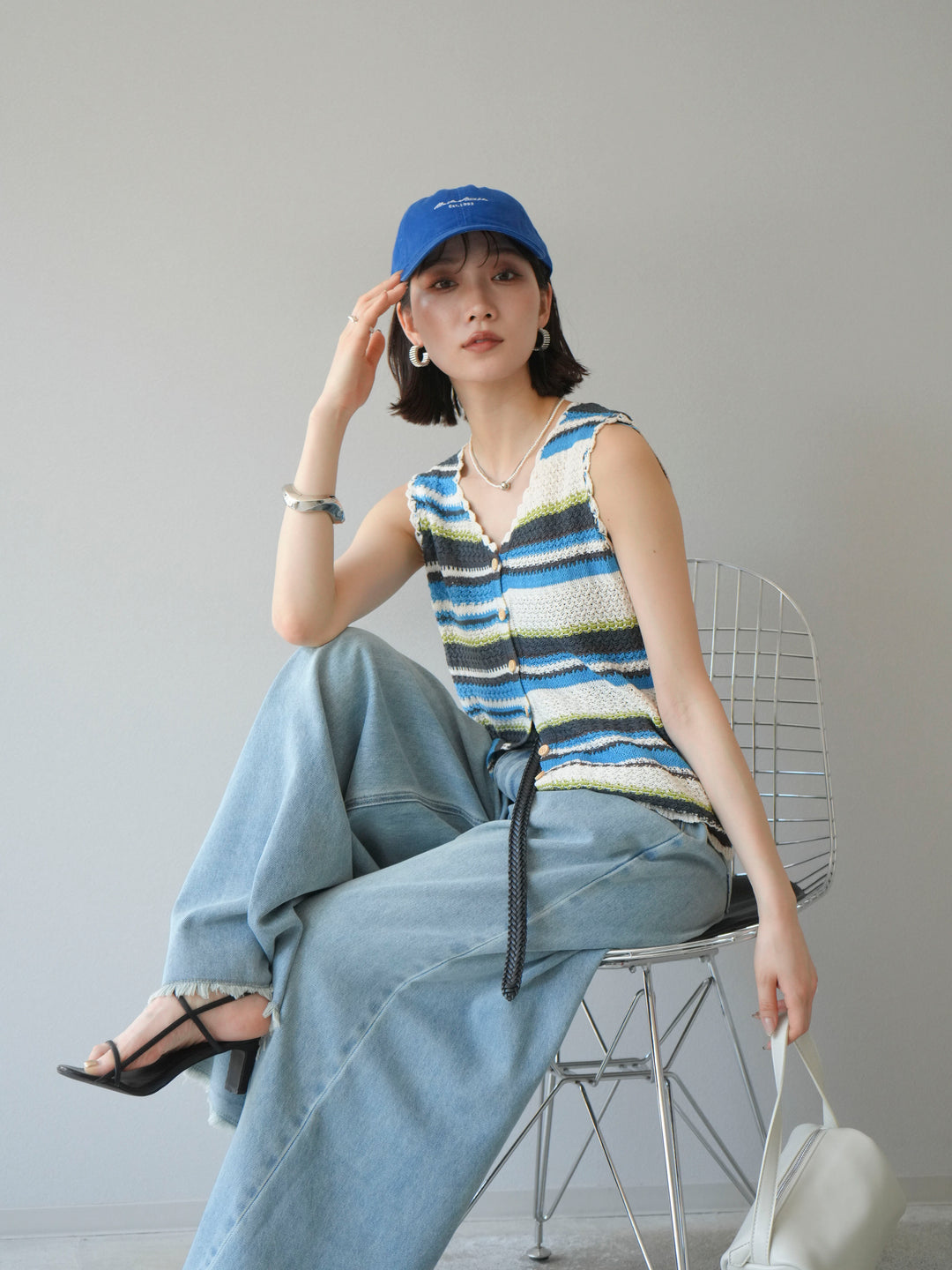 [予約]マルチボーダーニットベスト/ブルー