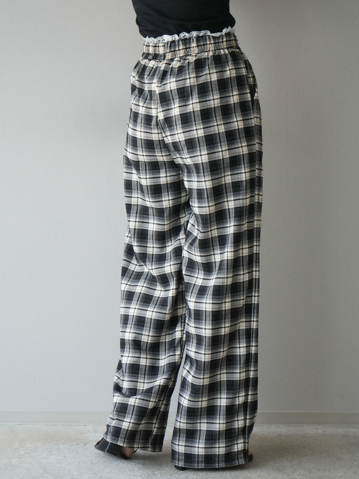 【預購】蕾絲層疊格紋寬褲/黑