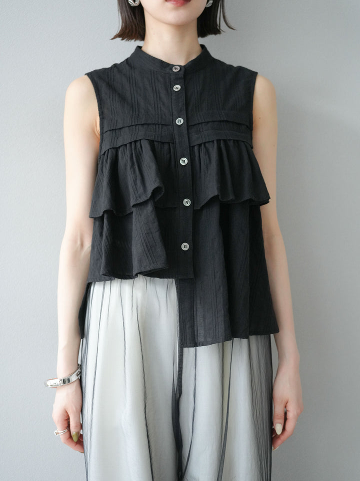 [予約]ドビーストライプアシンメトリーフリルノースリブラウス/ブラック