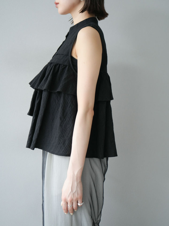 [予約]ドビーストライプアシンメトリーフリルノースリブラウス/ブラック