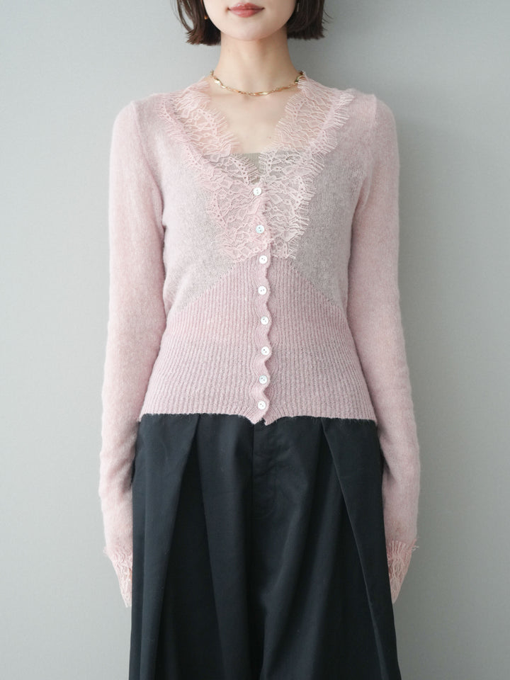 【預購】馬海毛觸感蕾絲針織開襟衫 / 粉紅色