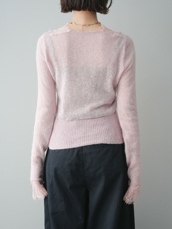 【預購】馬海毛觸感蕾絲針織開襟衫 / 粉紅色