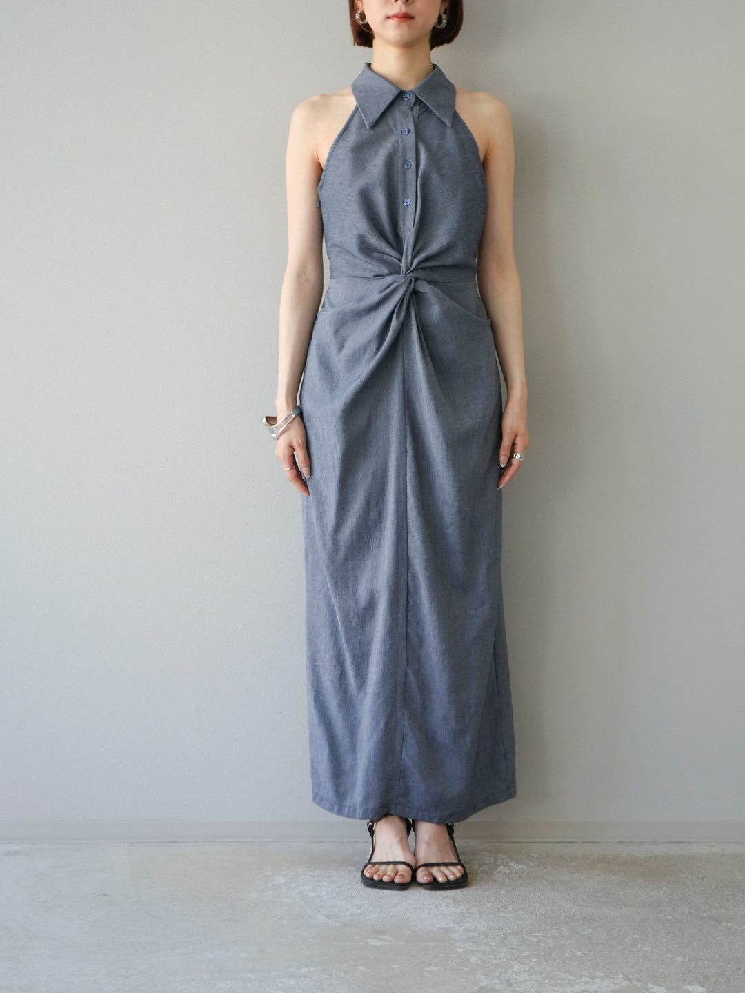 [予約]ツイストリネンタッチワンピース/ネイビー