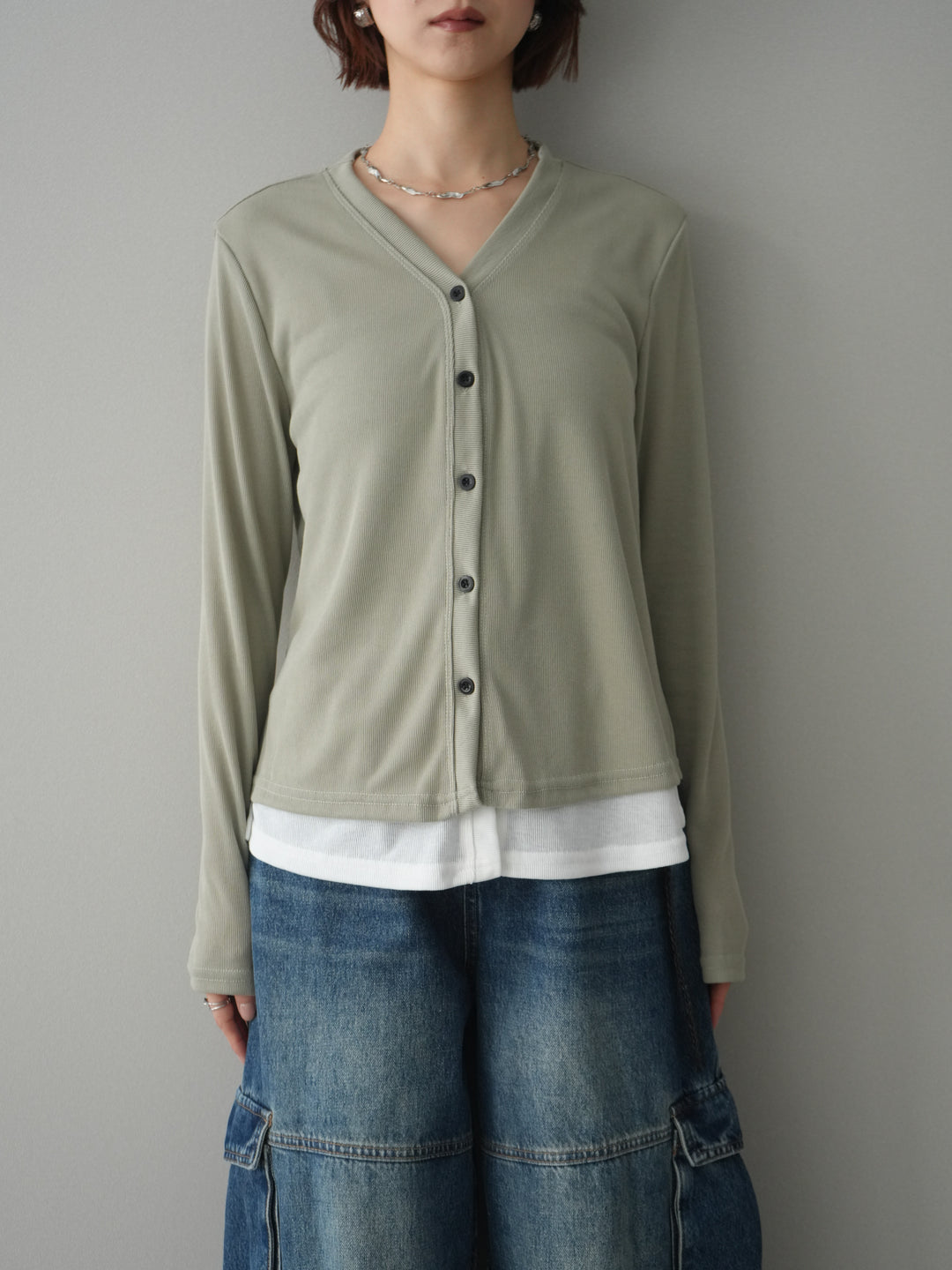 [予約]配色レイヤードカットリブカーディガン/lightgreen