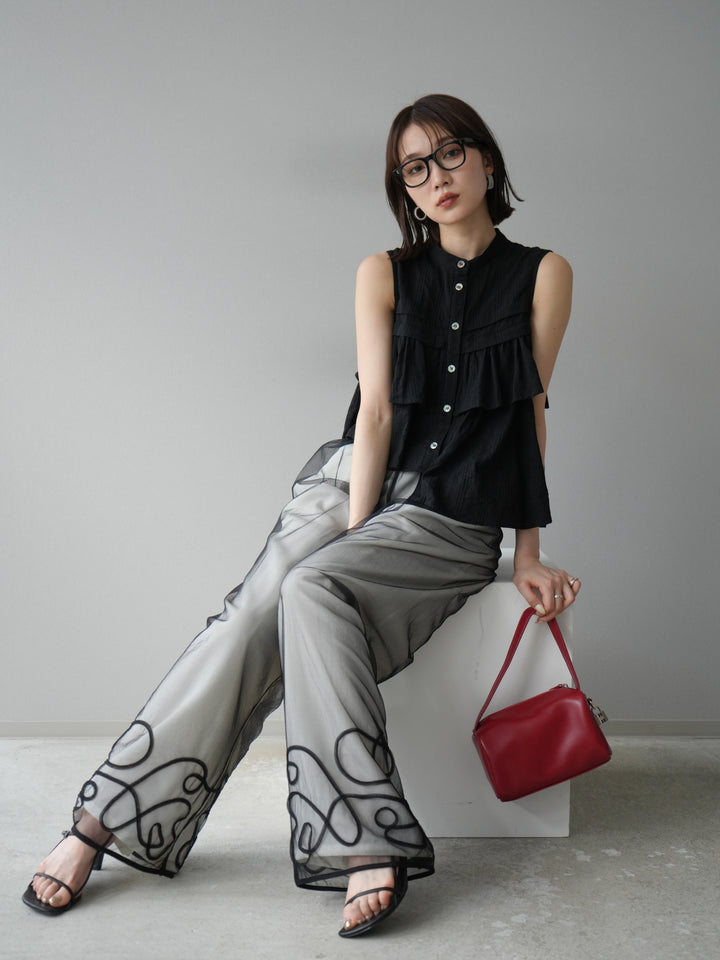 [SET]ドビーストライプアシンメトリーフリルノースリブラウス+コード刺繍チュールレイヤードパンツ+リネンライクイージーワイドパンツ(3set)