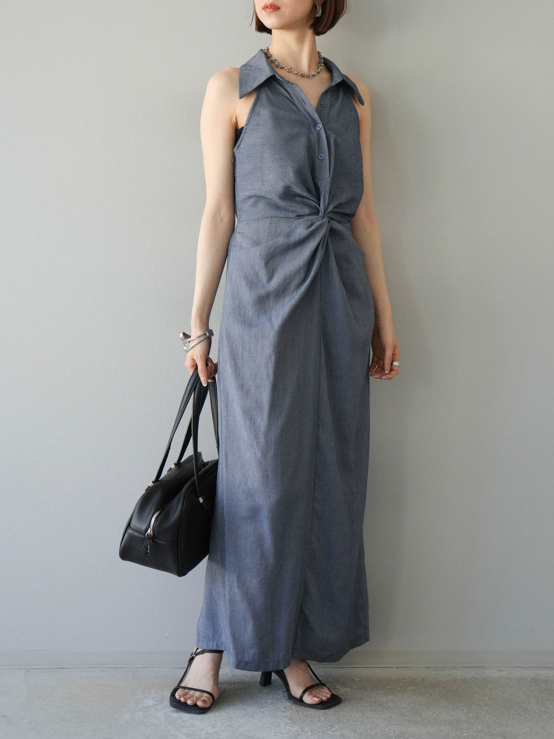 [予約]ツイストリネンタッチワンピース/ネイビー