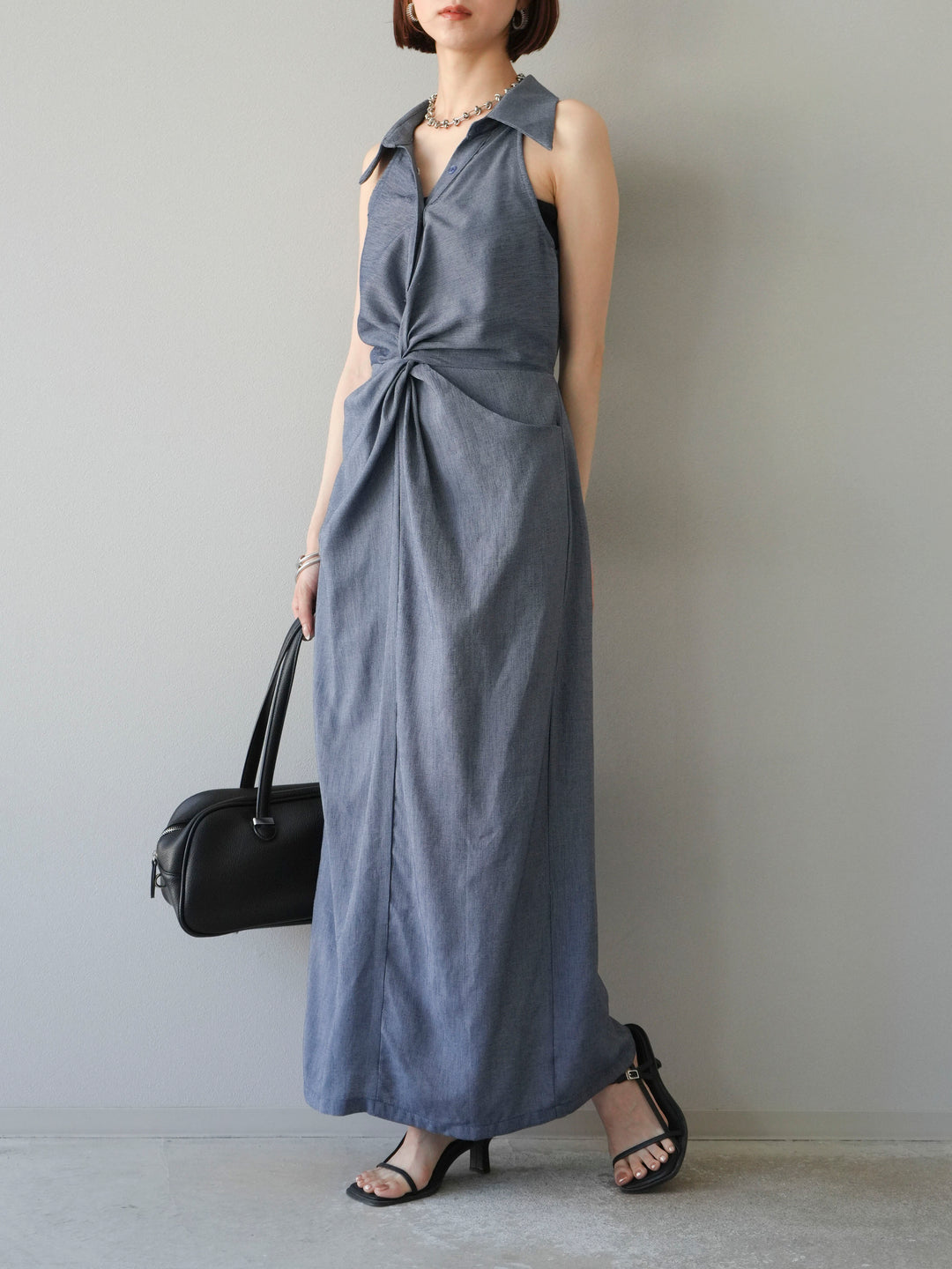 [予約]ツイストリネンタッチワンピース/ネイビー