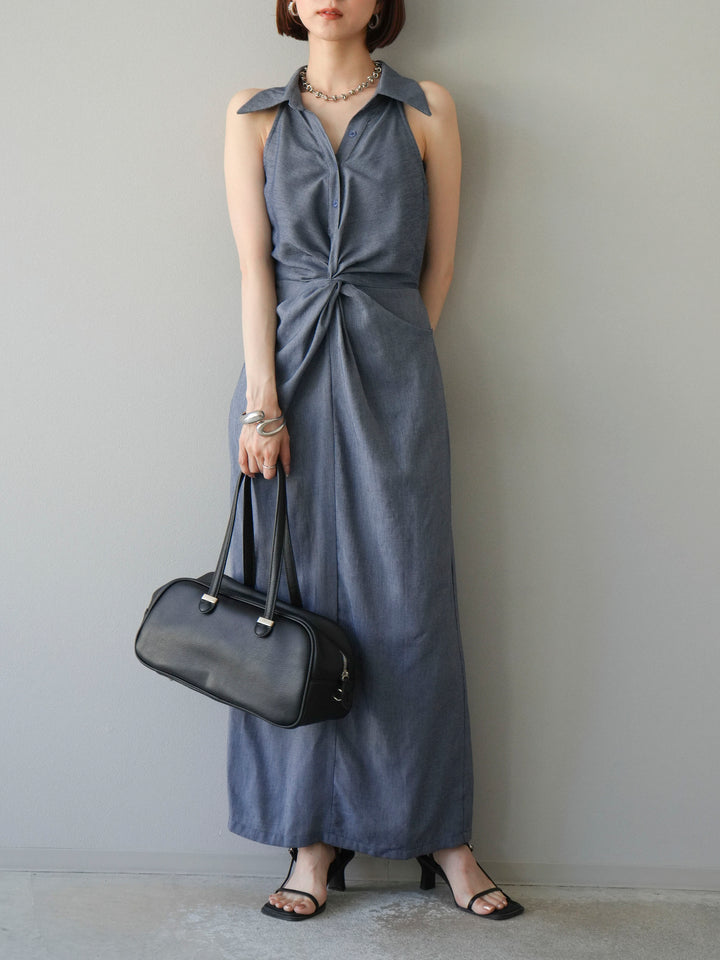 [予約]ツイストリネンタッチワンピース/ネイビー