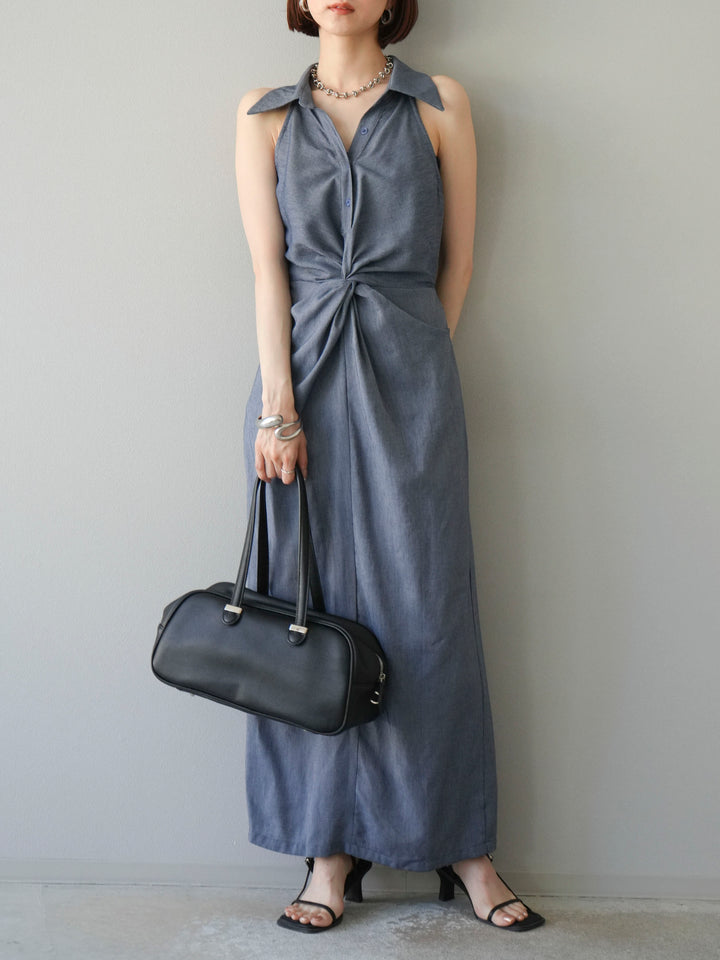[予約]ツイストリネンタッチワンピース/ネイビー