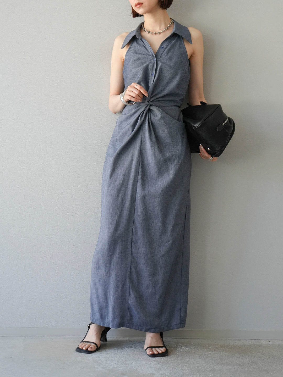 [予約]ツイストリネンタッチワンピース/ネイビー