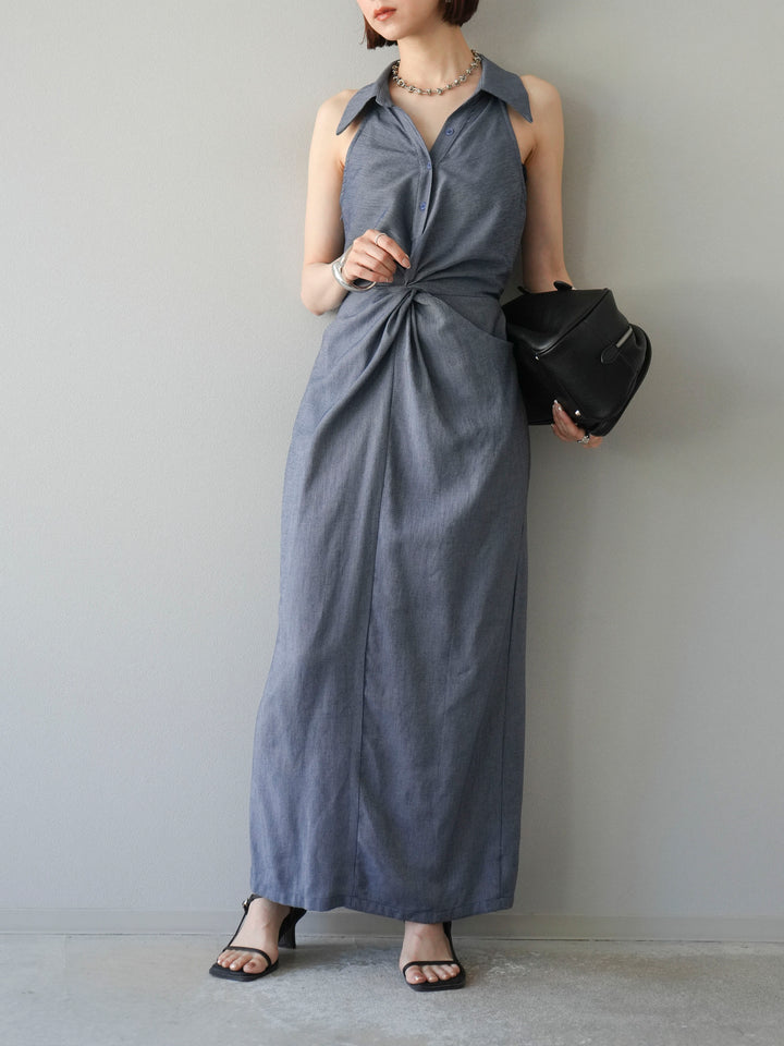 [予約]ツイストリネンタッチワンピース/ネイビー