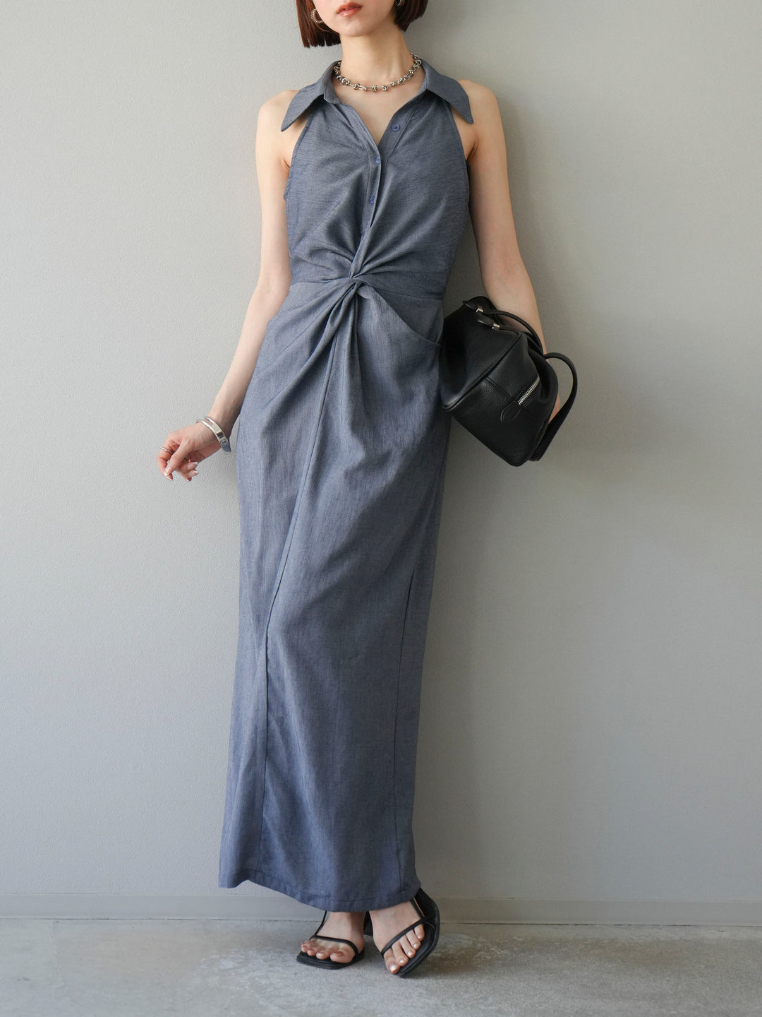 [予約]ツイストリネンタッチワンピース/ネイビー