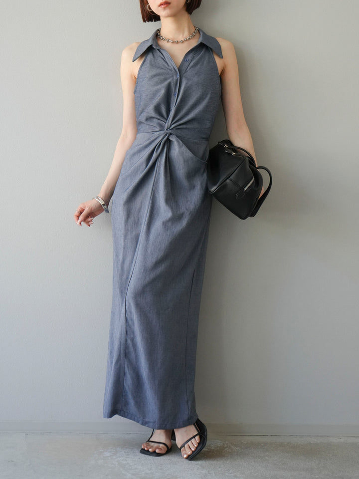 [予約]ツイストリネンタッチワンピース/ネイビー