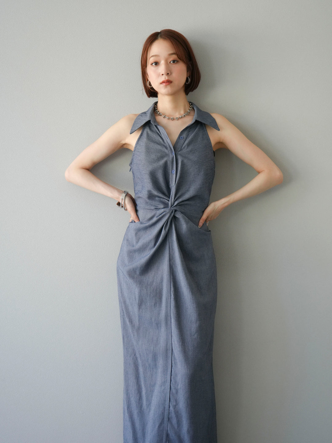[予約]ツイストリネンタッチワンピース/ネイビー