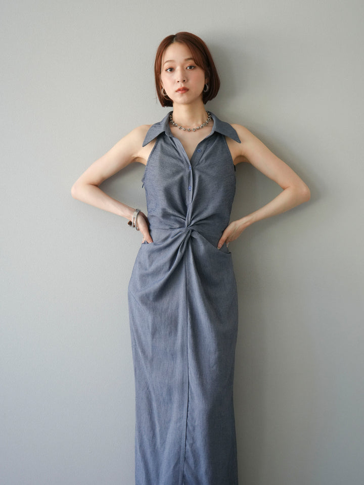 [予約]ツイストリネンタッチワンピース/ネイビー
