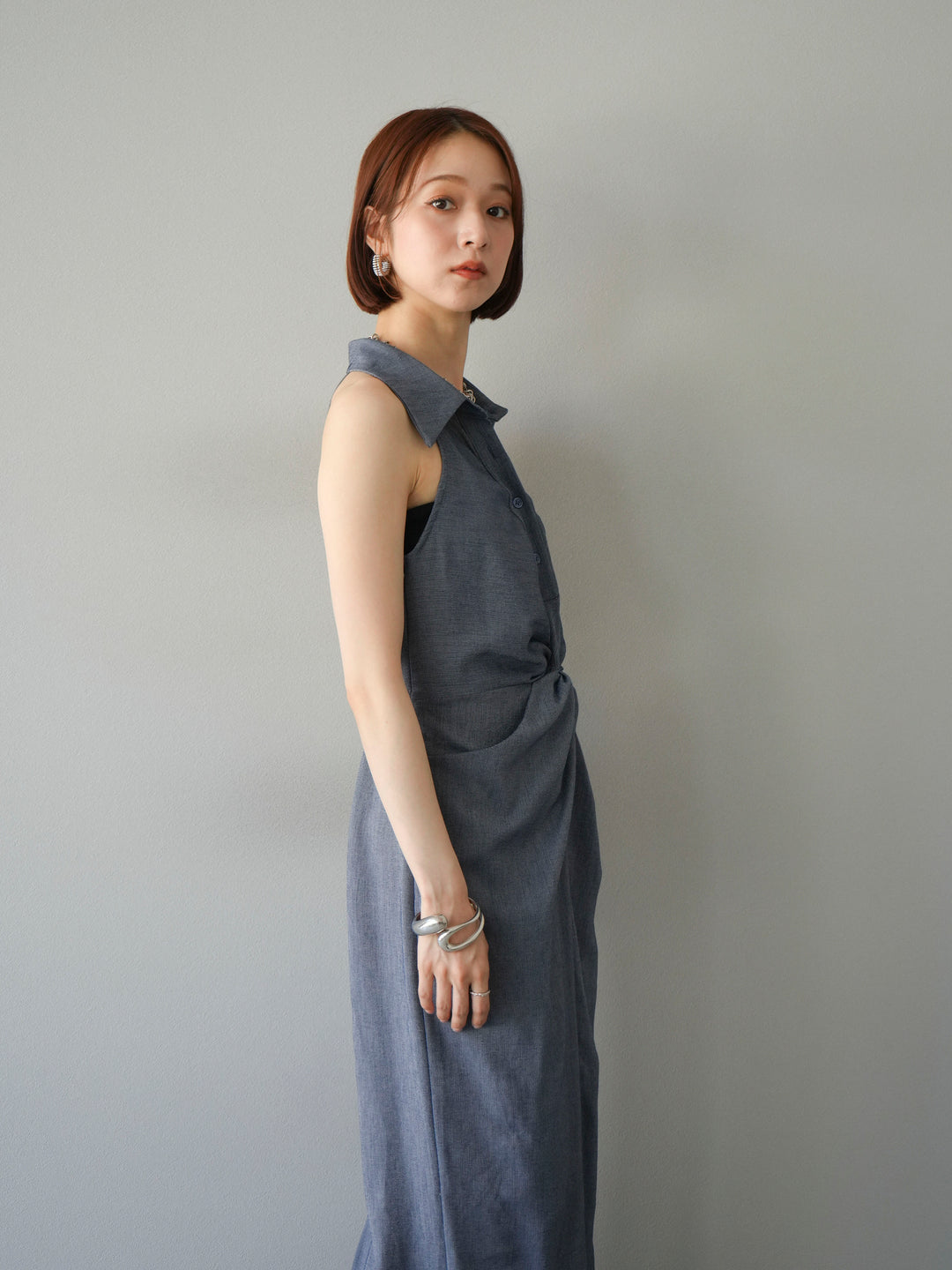 [予約]ツイストリネンタッチワンピース/ネイビー