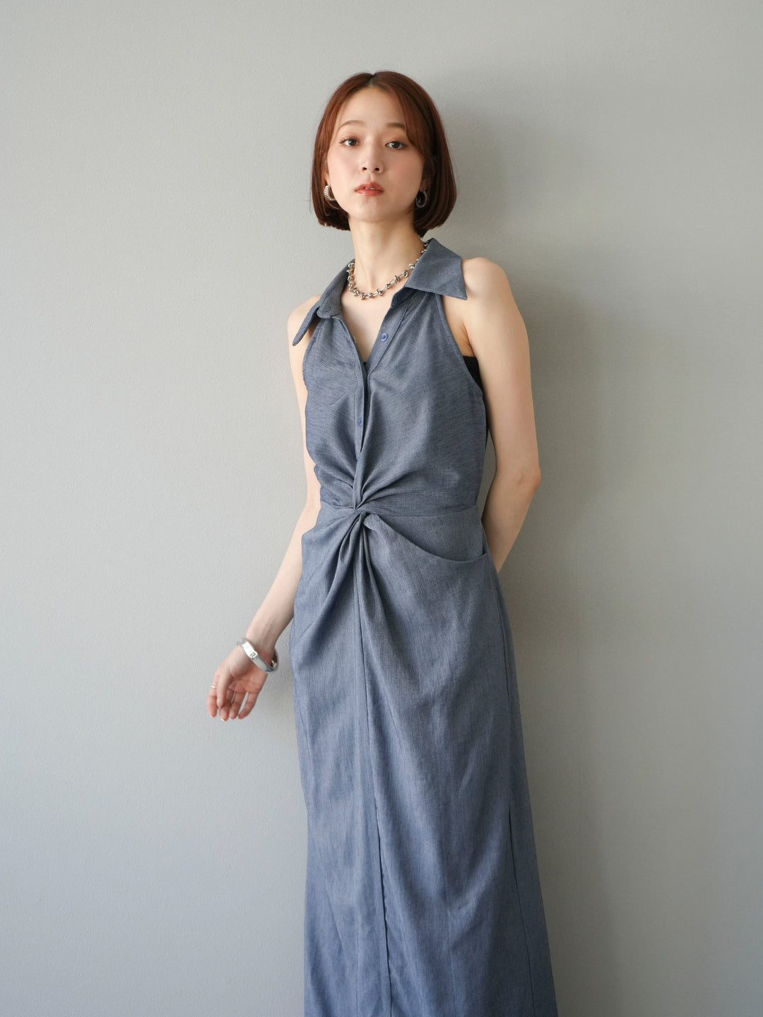 [予約]ツイストリネンタッチワンピース/ネイビー