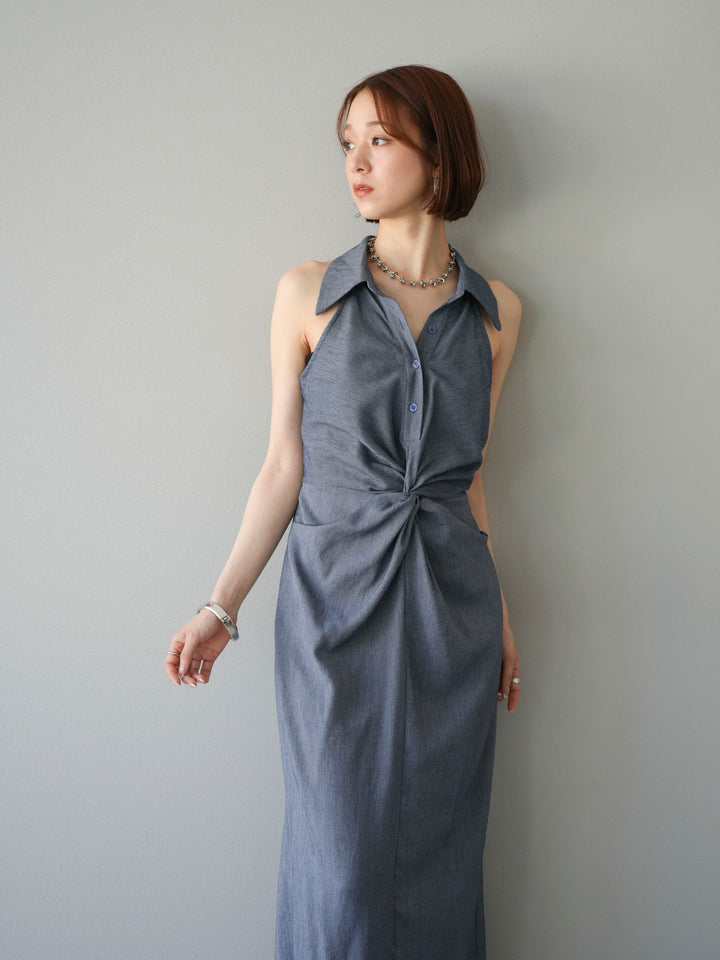 [予約]ツイストリネンタッチワンピース/ネイビー