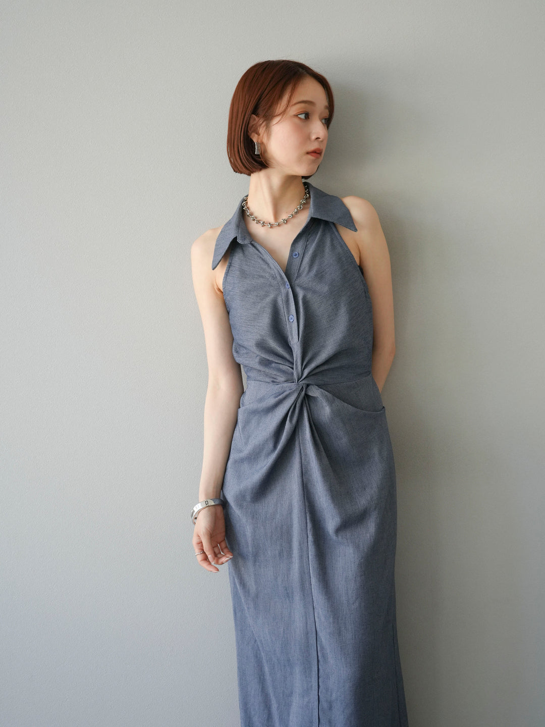 [予約]ツイストリネンタッチワンピース/ネイビー