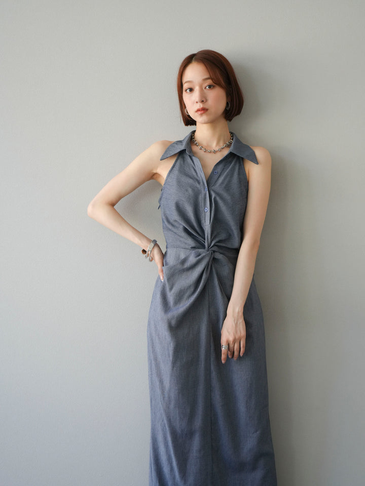 [予約]ツイストリネンタッチワンピース/ネイビー