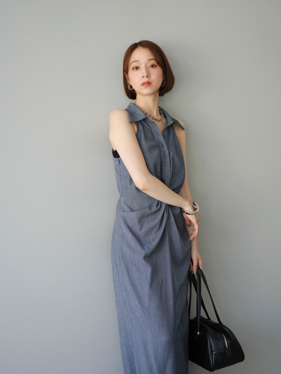 [予約]ツイストリネンタッチワンピース/ネイビー