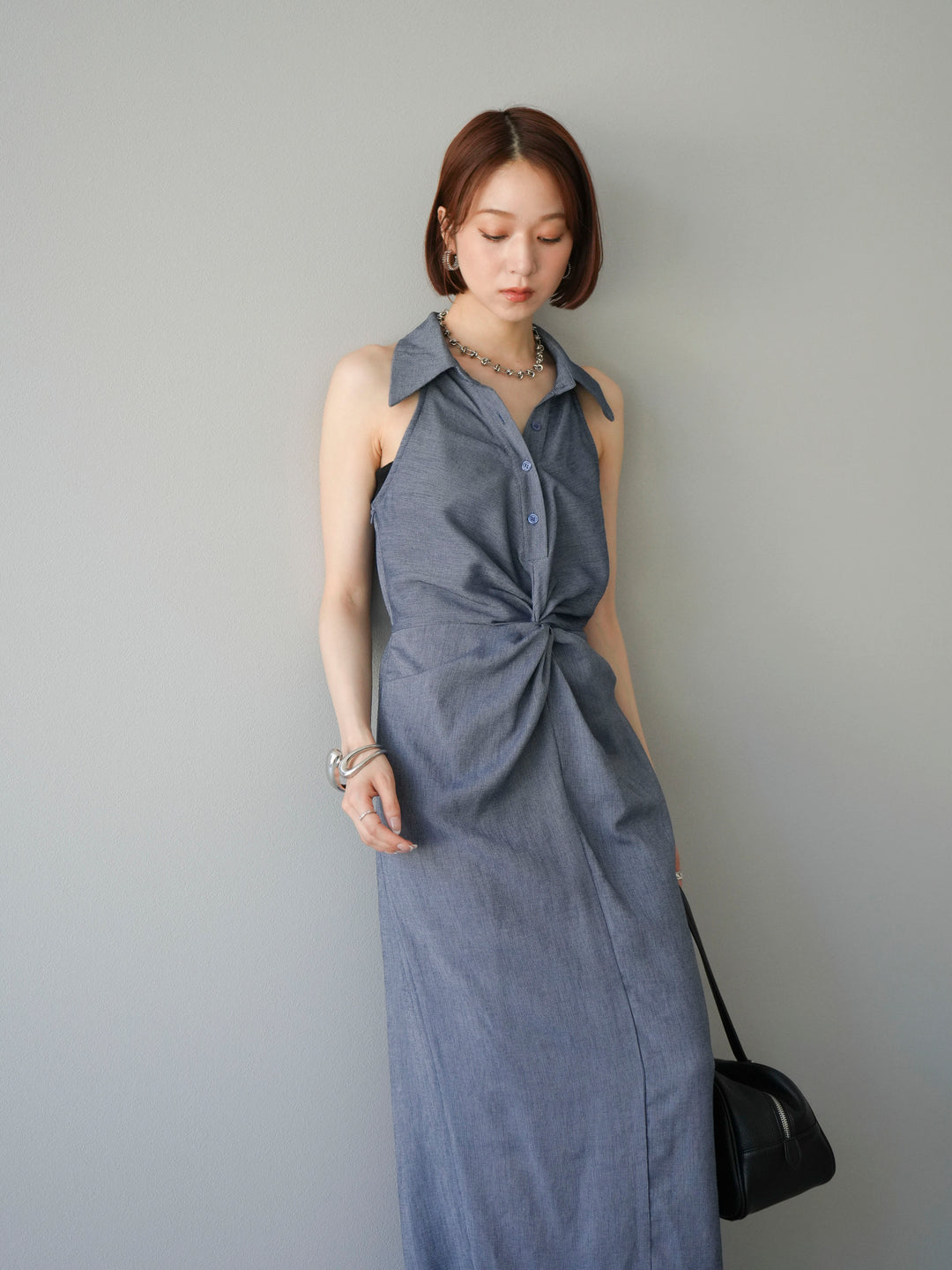 [予約]ツイストリネンタッチワンピース/ネイビー