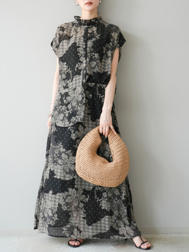 [予約]フラワーパターンフレンチスリーブブラウス/ブラック