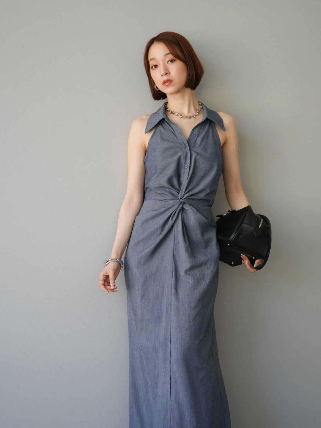 [予約]ツイストリネンタッチワンピース/ネイビー