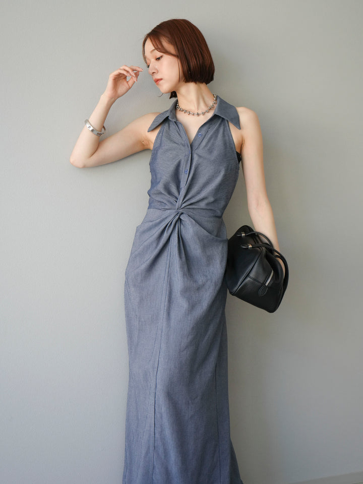 [予約]ツイストリネンタッチワンピース/ネイビー