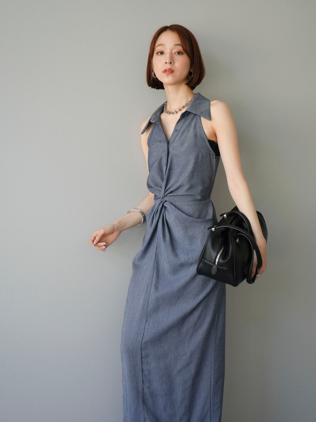 [予約]ツイストリネンタッチワンピース/ネイビー