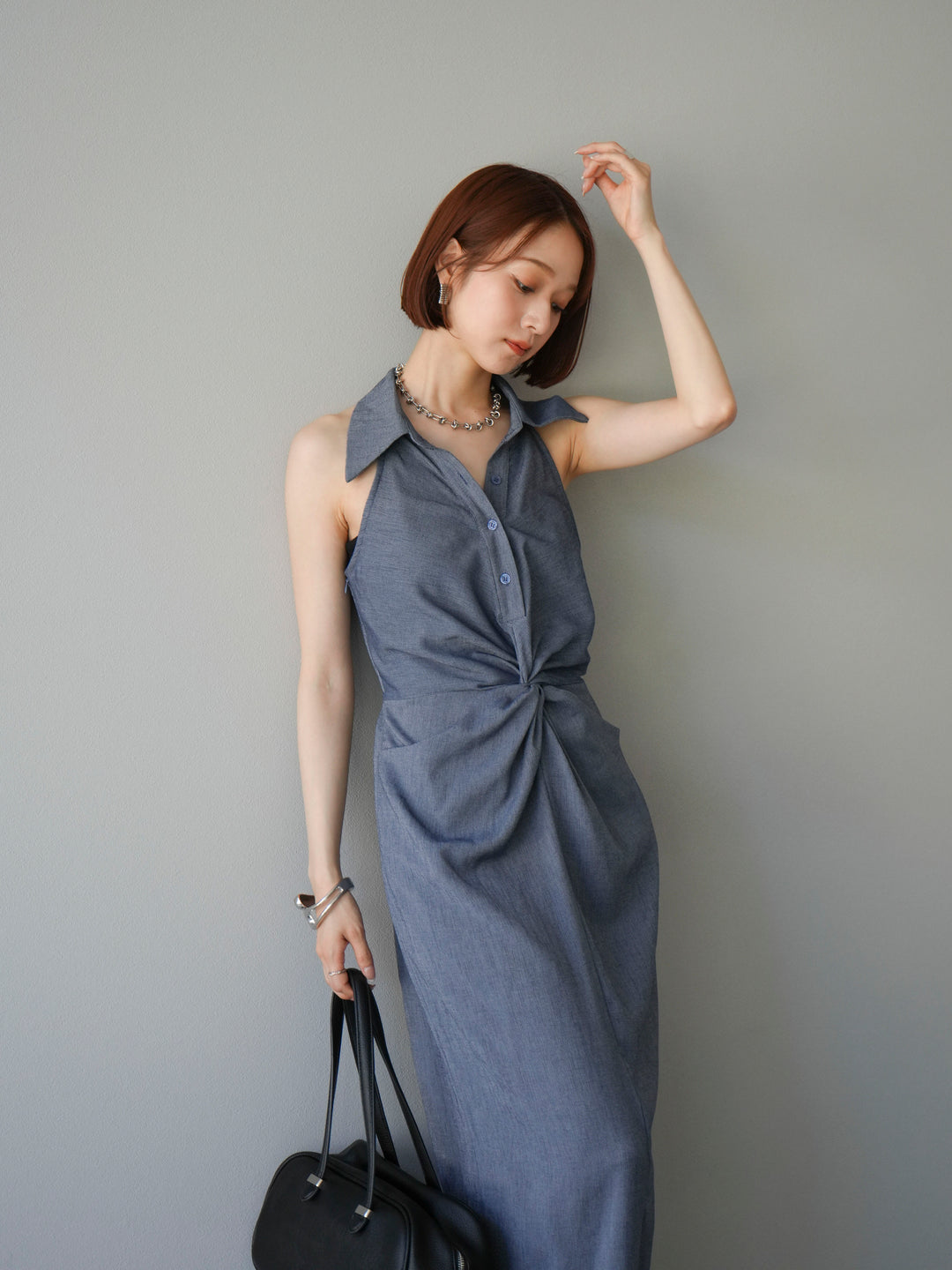 [予約]ツイストリネンタッチワンピース/ネイビー