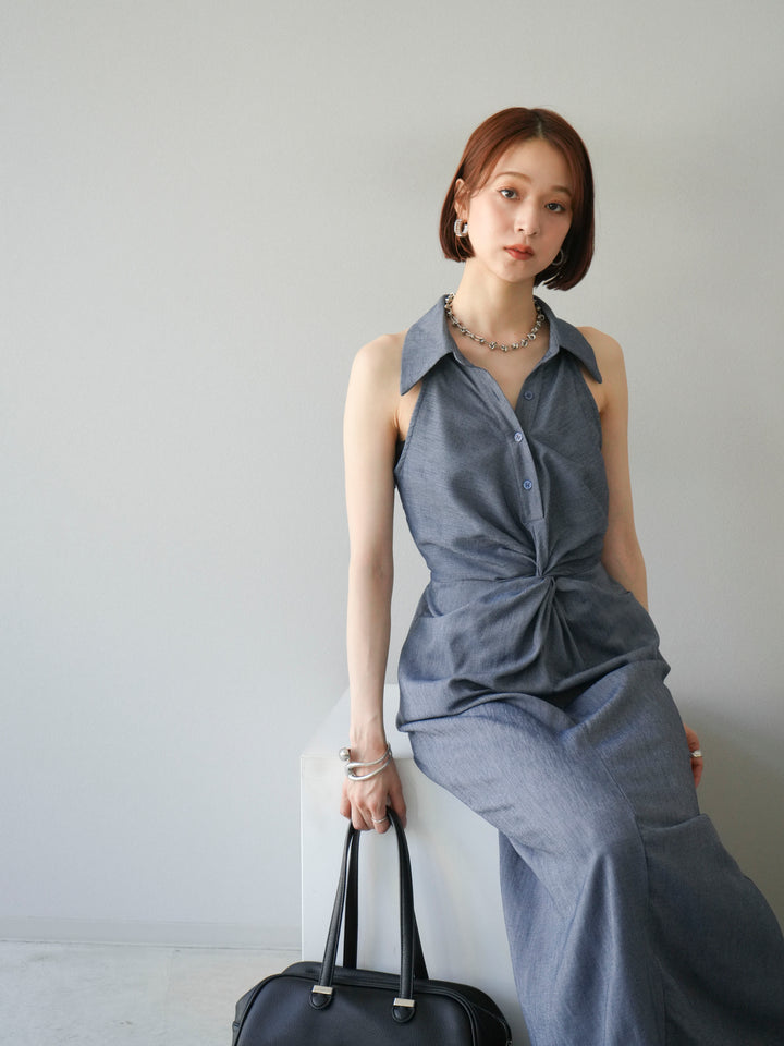 [予約]ツイストリネンタッチワンピース/ネイビー