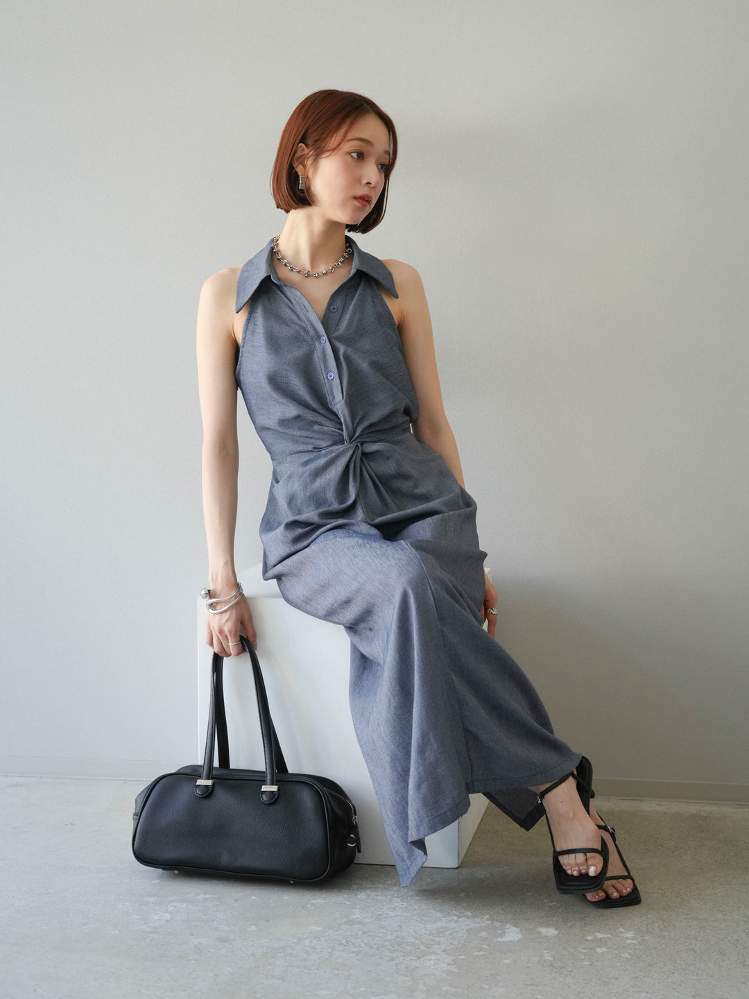 [予約]ツイストリネンタッチワンピース/ネイビー