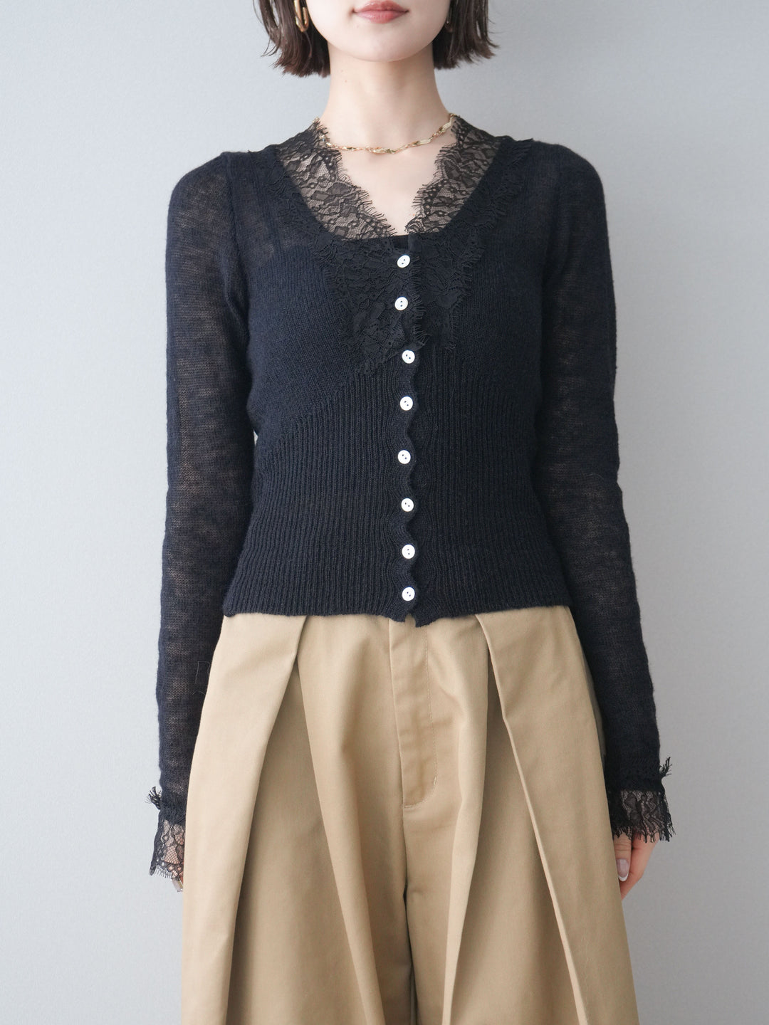 [予約]モヘアタッチレースニットカーディガン/black