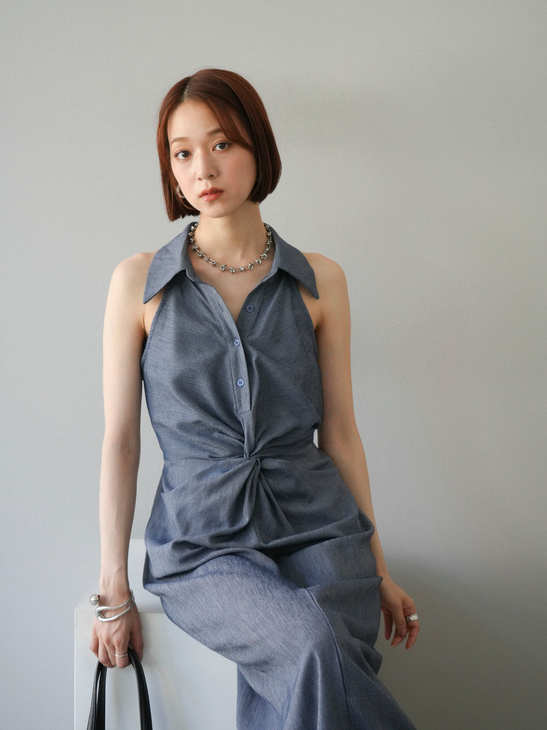 [予約]ツイストリネンタッチワンピース/ネイビー