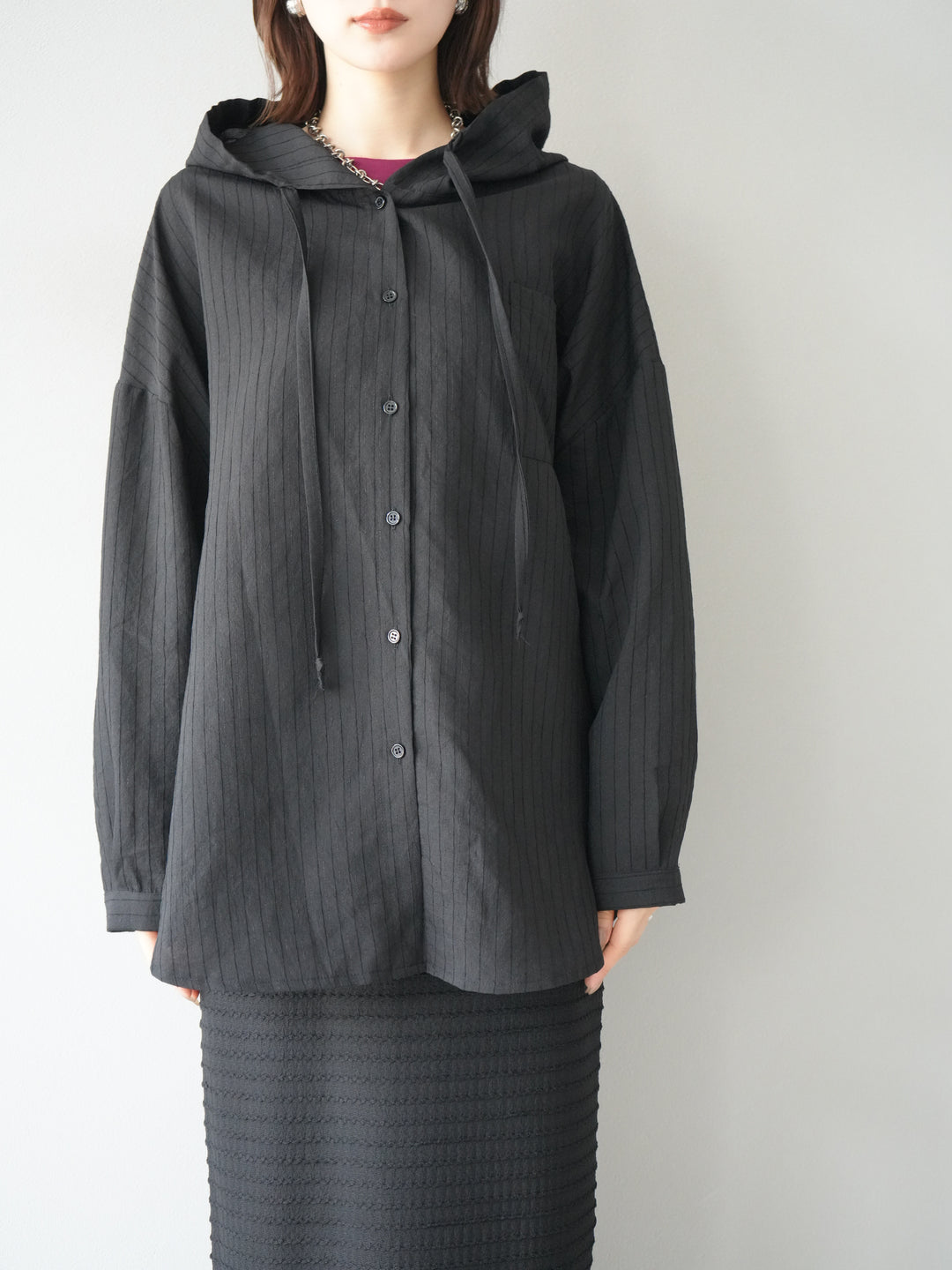 [予約]ワッシャーストライプフーディーシャツ/ブラック