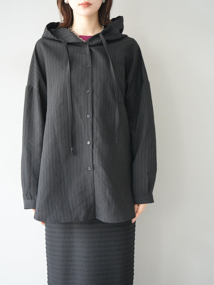 [予約]ワッシャーストライプフーディーシャツ/ブラック
